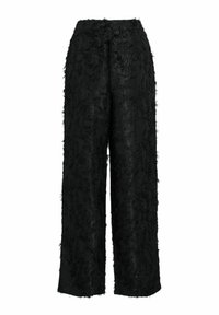 Black, wide-leg pants made from textured fabric with a shaggy finish, featuring a high waist and no visible pockets or fastenings.