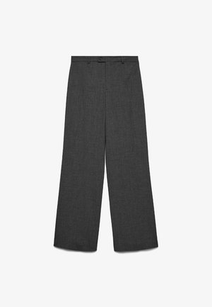 Wide-leg trousers in dark gray fabric, featuring a button closure, flat front, and vertical texture. Straight cut with minimal detailing.