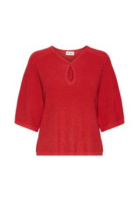 Crvena pletena majica s kratkim, širokim rukavima i otvorom za vrat u obliku ključa. Tkanina ima suptilni sjaj i ležeran kroj.