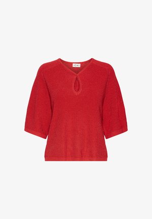 Röd stickad tröja med korta, vida ärmar och en nyckelhålsutskärning. Tyget har en diskret glans och en avslappnad passform.