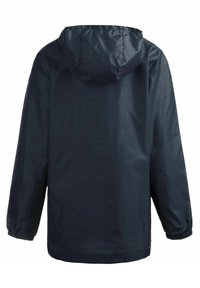 Veste imperméable bleu marine avec capuche, poignets élastiques et texture lisse et brillante, conçue pour un port léger et respirant.