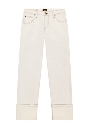 Off-white straight-leg jeans with cuffed hems, front pockets, button closure, and Lee logo on the waistband.