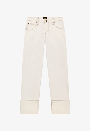 Jeans off-white cu croială dreptă, cu tivuri îndoite, buzunare frontale, închidere cu nasturi și logo Lee pe talie.
