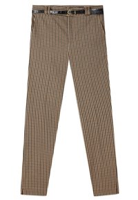 Pantalon à carreaux marron à coupe étroite, doté d'une ceinture noire brillante avec une boucle dorée. Confectionné en tissu texturé avec deux poches.
