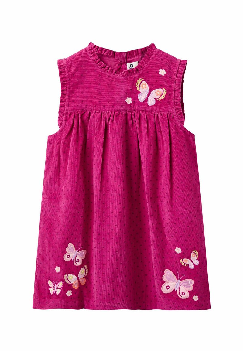 Vaaleanpunainen corduroimeista valmistettu mekko, jossa on frillikaulus, broderattuja perhosia ja kukkia, sekä kootut vyötärö ja pilkkukuosi.