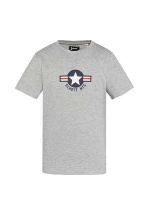 T-shirt en coton gris à manches courtes et col rond. Présente un logo d'étoile navy avec des accents rayés rouges et blancs.