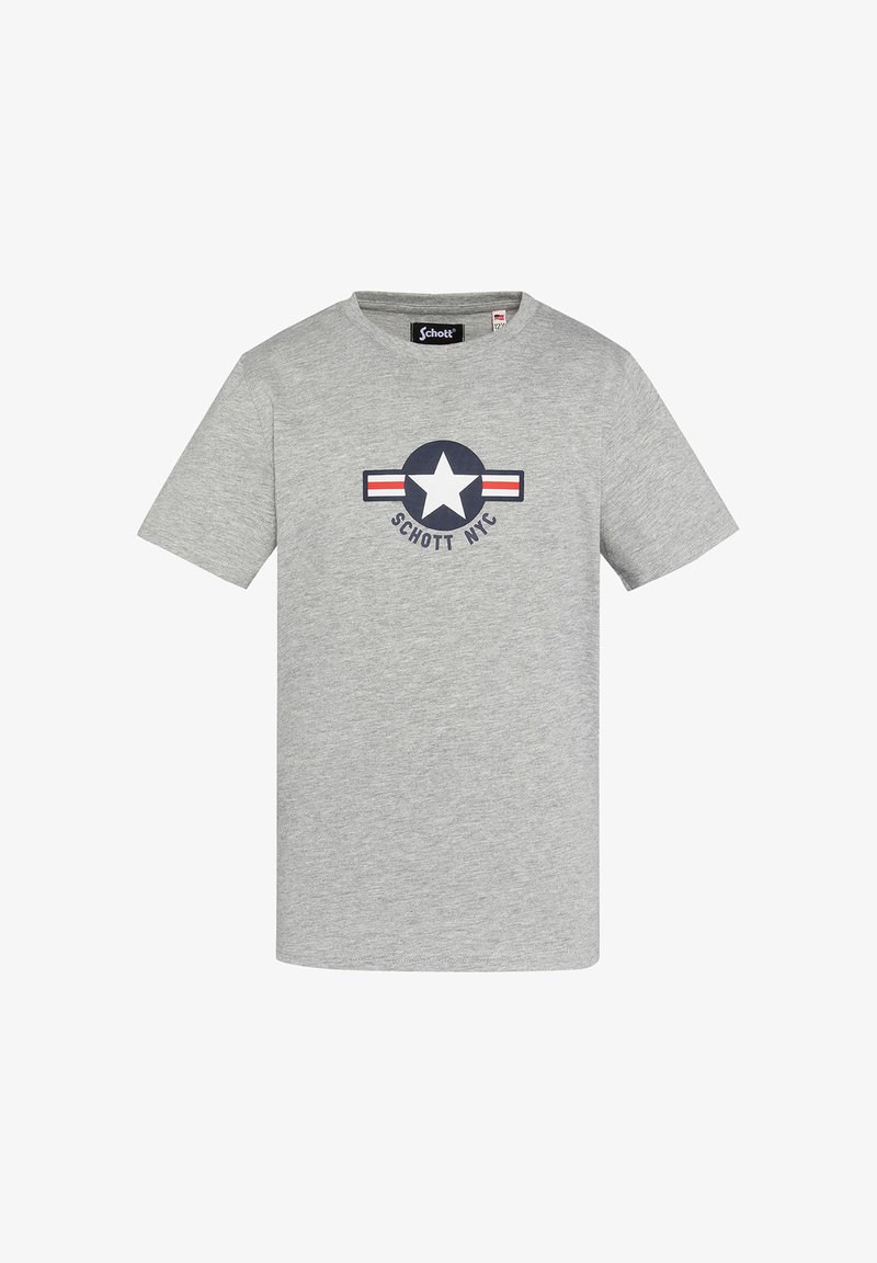 T-shirt en coton gris à manches courtes et col rond. Présente un logo d'étoile navy avec des accents rayés rouges et blancs.
