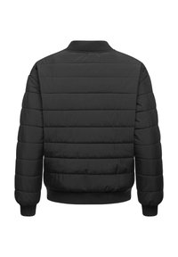 Schwarze gepolsterte Bomberjacke mit geripptem Kragen, Bündchen und Saum. Verfügt über horizontale Steppung für Textur und eine lockere Silhouette.