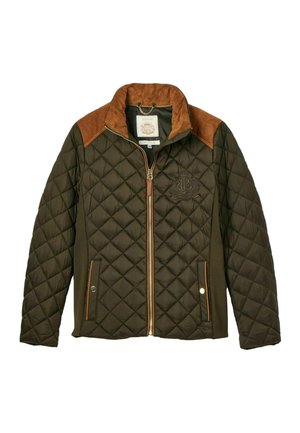 Quilted olive green jacket with brown suede shoulder accents, zip closure, side pockets, and a logo on the chest. Textured surface pattern.