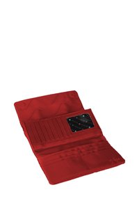 Red fabric wallet with stitching detail, multiple card slots, and a transparent ID window. Smooth texture with a flexible design.