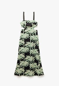 Maxikleid mit Palmenmuster in Grün auf schwarzem Hintergrund. Verfügt über Spaghetti-Träger und Ausschnittdetails an der Taille.