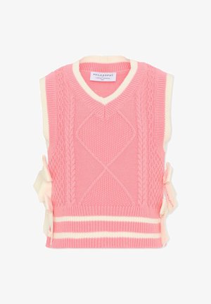 Roze gebreide mouwloze trui met witte strepen aan de zoom en kraag, met diamant- en kabelbreipatronen en strikdetails aan de zijkanten.