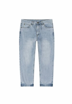 Jasnoniebieskie dżinsy z denimu o prostym kroju, z efektem sprania, pięcioma kieszeniami, zapięciem na metalowy guzik oraz postrzępionymi detalami na nogawkach.