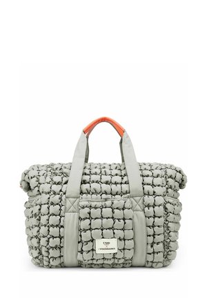 Gray padded woven tote bag with wide handles featuring orange grip and front pocket labeled "UNIO Visionnaires."