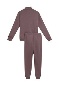 Sudadera de manga larga en color malva y pantalones jogger a juego con cintura y puños elásticos, mostrados desde la parte trasera.