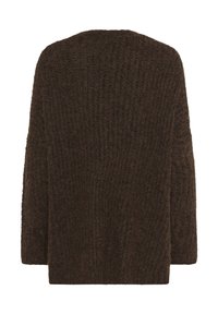 Brown, textured cardigan with a loose fit and a ribbed pattern. Features a wide neckline and long sleeves. Back view.