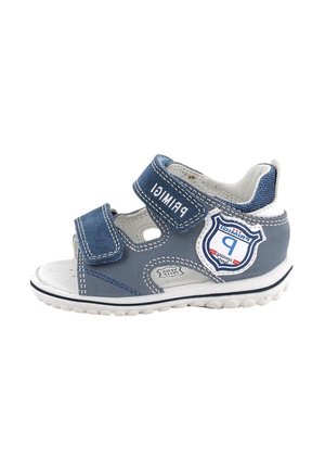 Sandalo azzurro e bianco per bambini piccoli con due cinturini in velcro regolabili e toppa con logo a forma di scudo sul lato.