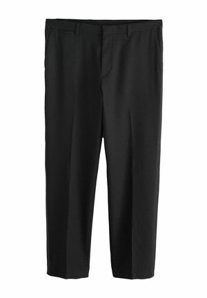 Black trousers with a smooth texture, straight leg design, and front pockets. Features a flat front and subtle crease down the legs.