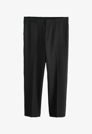 Black trousers with a smooth texture, straight leg design, and front pockets. Features a flat front and subtle crease down the legs.