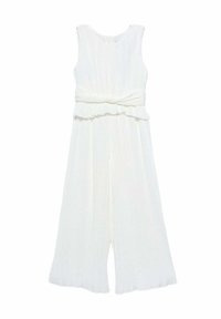 Tutina bianca senza maniche con vita arricciata, texture plissettata e gambe a zampa di elefante. Presenta un collo rotondo e dettagli a volants sull'orlo.