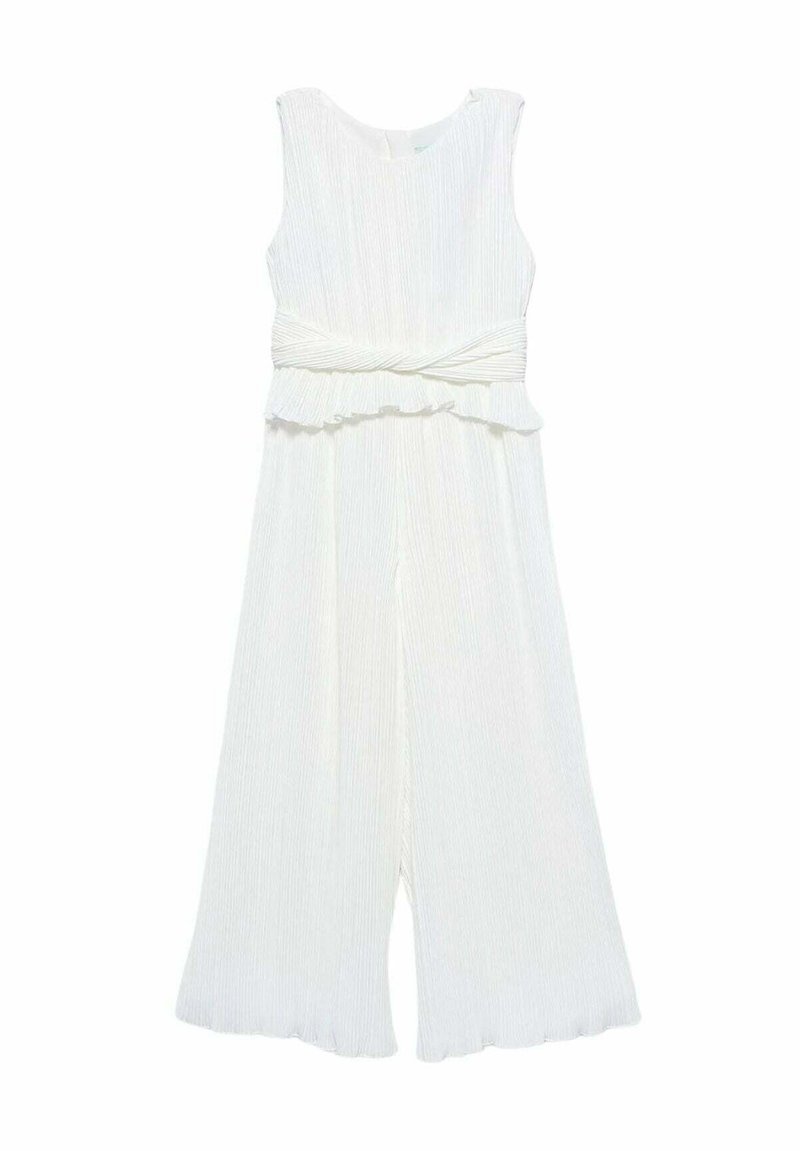 Tutina bianca senza maniche con vita arricciata, texture plissettata e gambe a zampa di elefante. Presenta un collo rotondo e dettagli a volants sull'orlo.