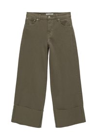 Pantalon ample couleur vert olive avec taille haute, poches avant et détails d'ourlet effiloché. Fabriqué en tissu de coton à texture lisse.