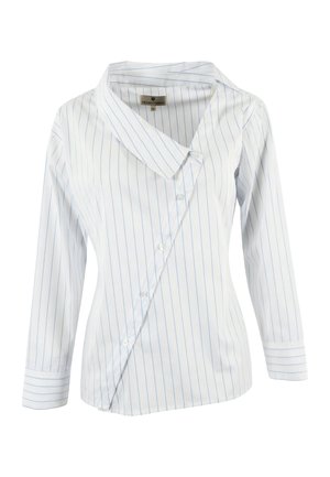 Witte blouse met lange mouwen, dunne blauwe verticale strepen, asymmetrische knoopsluiting en brede kraag.