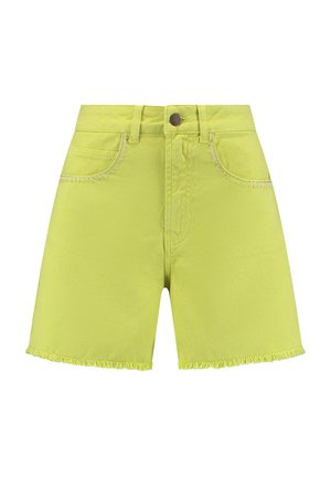 Lime green denim shorts with a frayed hem, five-pocket style, and a front button closure. Stitched detailing in a contrasting color.