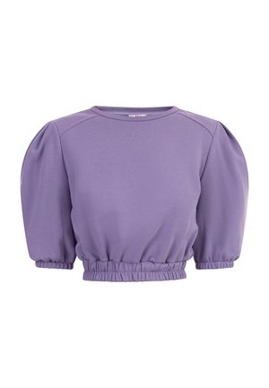 Pull cropped violet avec des manches volumineuses, col rond et ourlet élastiqué. Fabriqué à partir d'un tissu doux avec une texture lisse et des détails minimaux.