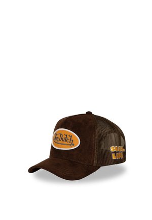 Gorra de béisbol marrón Von Dutch con parte trasera de malla, logotipo naranja y blanco en la parte delantera, y "Social Life" bordado en el lateral.