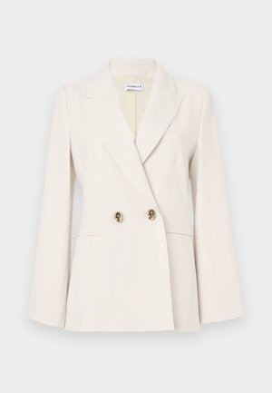 Beige dubbelknäppt kavaj med knappar i guldfärg, slag med notch och långa ärmar. Tillverkad av ett slätt tyg med skräddarsydd passform.