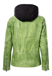 Grüne Lederjacke mit schwarzer Kapuze, mit passgenauer Silhouette, strukturierten Oberflächen und Reißverschlussakzenten an den Ärmeln.