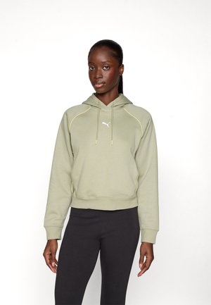 Olive green hoodie with a drawstring, white logo, and light yellow accents. Made from soft fabric, it features a relaxed fit and ribbed cuffs.