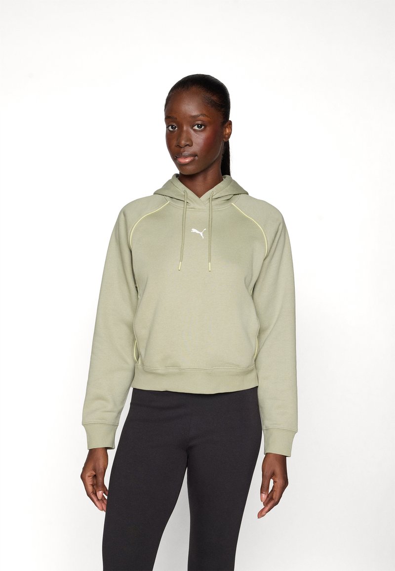 Sweatshirt verde-oliva com cordão, logótipo branco e acabamentos amarelos claros. Feito de um tecido suave, apresenta um corte descontraído e punhos canelados.