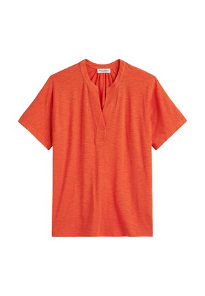 Short-sleeve orange T-shirt, soft fabric, henley neckline, straight hem, and subtle texture. No patterns or logos present.