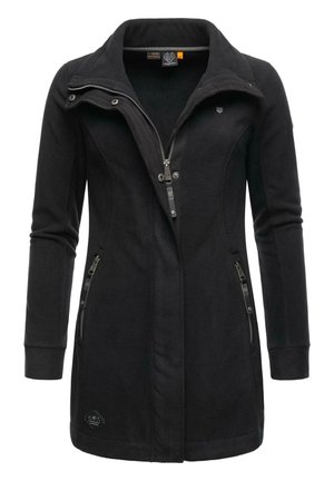 Black fleece jacket with a high collar, zip front, and two zippered side pockets. Features a textured fabric and subtle logo detail.