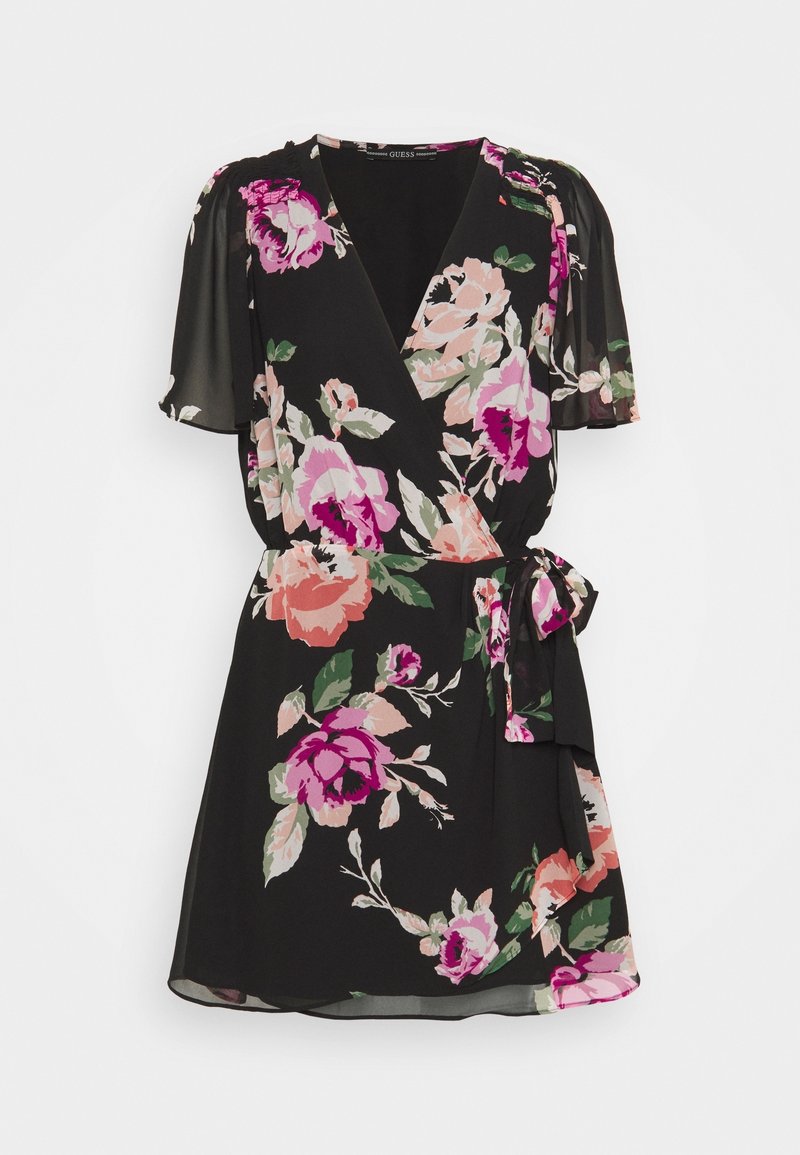 Robe portefeuille noire avec imprimé floral rose, pêche et blanc, manches courtes volantées et nœud à la taille.