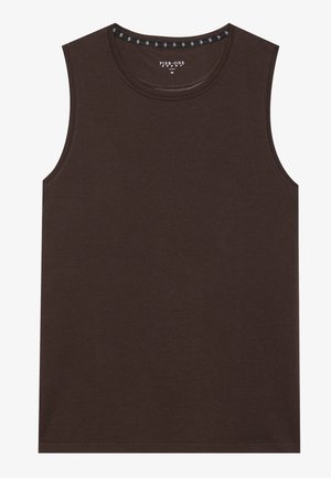 Pruun lõiketa tank top pehmest puuvillakangast. Omab ümmargust kaelust musta ja valge aktsendiga detailiga kaeluse ääres.