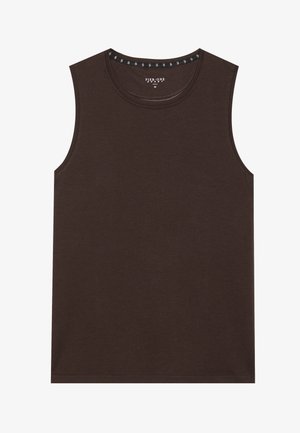 Brązowy bezrękawnik wykonany z miękkiej bawełny. Posiada okrągły dekolt z czarno-białym detalem wzdłuż linii szyi.