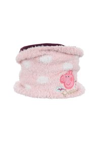 Roze, donzige nekwarmer met witte stippen. Heeft een geborduurd Peppa Pig ontwerp en een zachte, gestructureerde afwerking.