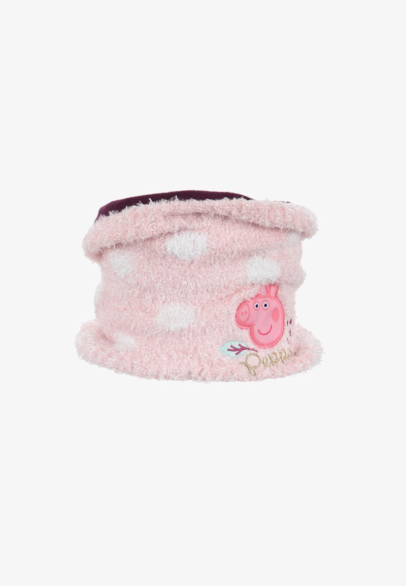 Roze, donzige nekwarmer met witte stippen. Heeft een geborduurd Peppa Pig ontwerp en een zachte, gestructureerde afwerking.