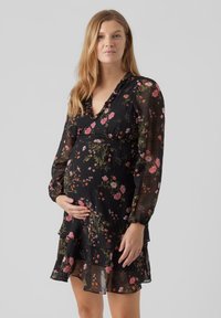 Vero Moda Maternity - VMMROSA L/S V-NECK SHORT DRESS EXP - Vestido informal - black aop:pink yarrow flower Imagen en miniatura 1