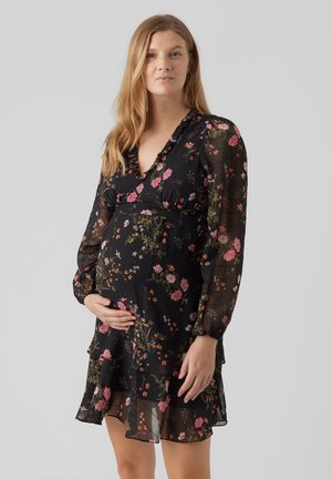 VMMROSA L/S V-NECK SHORT DRESS EXP - Kjole - black aop:pink yarrow flower