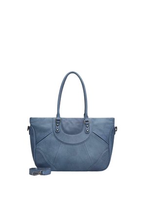 Borsa a mano in pelle blu con due spallacci e tracolla removibile, con sottili dettagli di cucitura sul davanti.