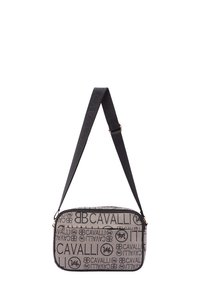Borsa a tracolla in tessuto grigio a fantasia con branding nero. Caratterizzata da un design elegante, tracolla regolabile e dettagli in metallo dorato.