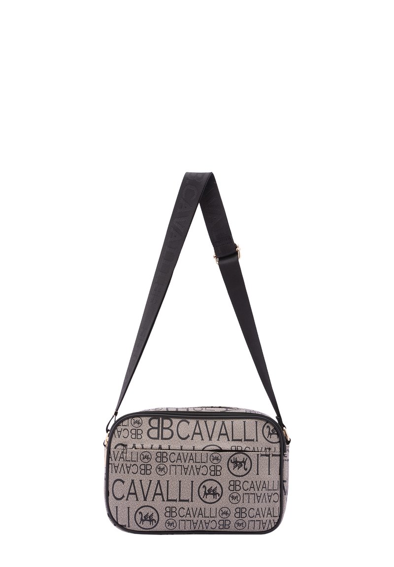Borsa a tracolla in tessuto grigio a fantasia con branding nero. Caratterizzata da un design elegante, tracolla regolabile e dettagli in metallo dorato.