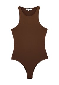 Brązowy jednoczęściowy kostium kąpielowy z wysokim dekoltem i bezrękawowym fasonem. Charakteryzuje się gładką teksturą i wysokimi rozcięciami na nogawkach.