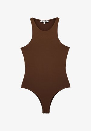 Brown one-piece swimsuit with a high neckline and sleeveless design. Features a smooth texture and high-cut leg openings.