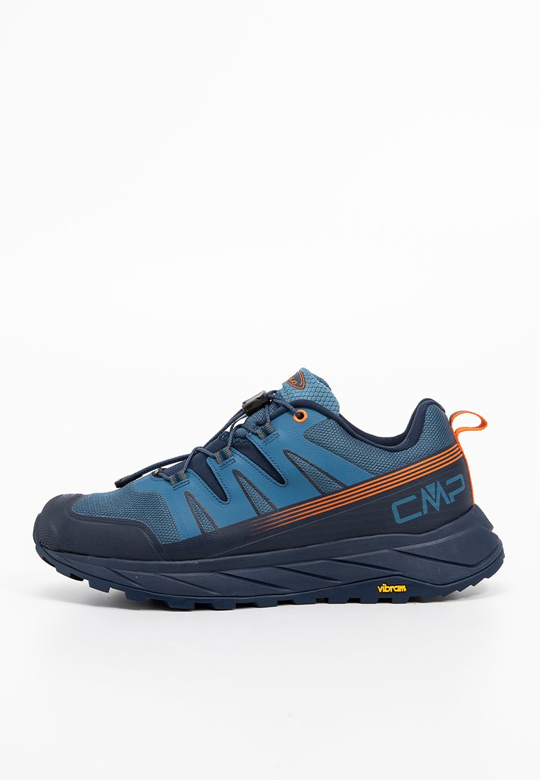 Niebieskie i czarne buty węderskie z pomarańczowymi akcentami, szybkim systemem sznurowania, grubą podeszwą Vibram oraz logo CMP z boku.