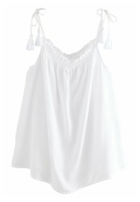 Haut sans manches blanc avec des bretelles réglables et des détails en franges. Présente un encolure élastique froncée et une coupe fluide et ample. Tissu doux.